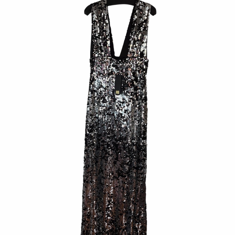Rachel Zoe Silver/Black Sequin Deep V Gown – NWT – Size 2